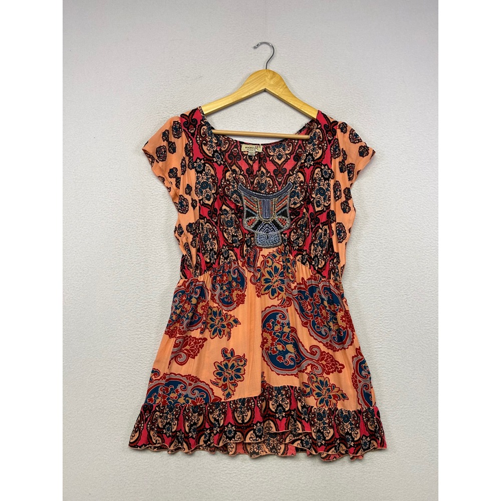 Boho Festival One World Womens Medium Orange Multi Paisley Beaded Tunic Top